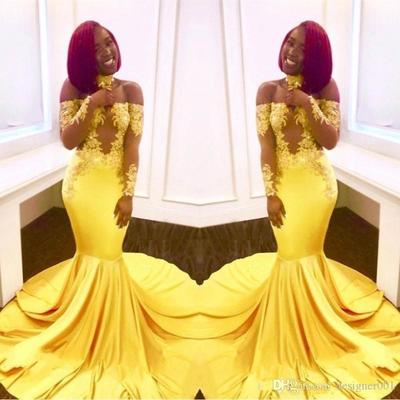 Yellow lace long sleeves prom dresses for black girls 2019 appliques mermaid evening dress african style sheer neck plus size party gowns,227