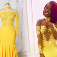 Yellow Lace Long Sleeves Prom Dresses For Black Girls 2019 Appliques Mermaid Evening Dress African Style Sheer Neck Plus Size Party Gowns,227 - Thumbnail 1