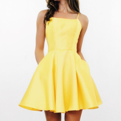 Spaghetti straps cute yellow homecoming dresses,graduation dress - Thumbnail 5