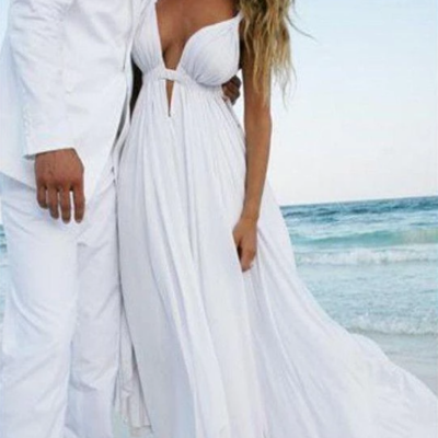 Sexy simple casual v neck white chiffon wedding dresses prom dress - Thumbnail 4