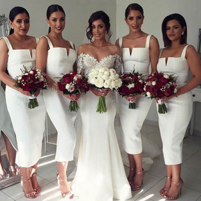 Simple v neck tea length sexy bridesmaid dresses white prom dress - Thumbnail 4