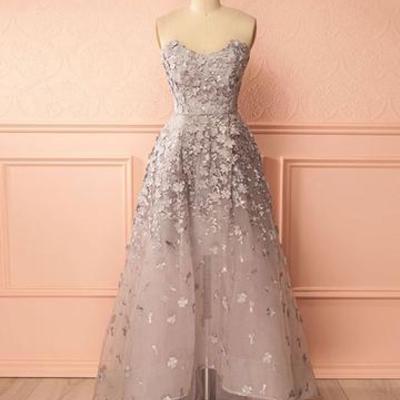 Silver evening dresses, prom dress, evening dresses a-line, high low evening dresses,228