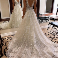 Luxurious Ball Gown V Neck Open Back White Lace Wedding Dresses,Elegant Bridal Gown - Thumbnail 1