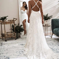 Stunning A-Line V Neck Cross Back White Lace Beach Wedding Dresses with High Slit - Thumbnail 1