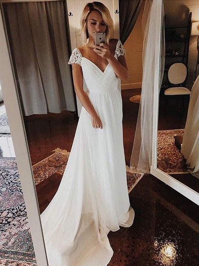 Simple A-Line V Neck Cap Sleeve White Chiffon Beach Wedding Dresses with Lace,Bohe Bridal Dresses