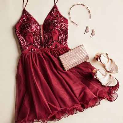 Burgundy homecoming dresses,sequins beaded homecoming dresses,v-neck mini prom dresses,organza dark red homecoming dresses,230 - Thumbnail 5
