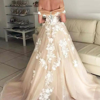Charming A-Line Off the Shoulder Open Back Champagne Tulle Long Prom Dresses with White Appliques,Formal Party Gown,Wedding Dresses - Thumbnail 1