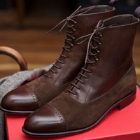 Ankle High Brown Cap Toe Boot, Men's Handmade Leather Suede Lace Up Boots For men's - Thumbnail 1