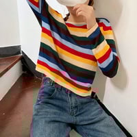 Rainbow Stripe Color Block Long Sleeve Knit Sweater - Thumbnail 1