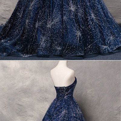 Glitters a-line strapless sweep train navy blue organza prom dress，231