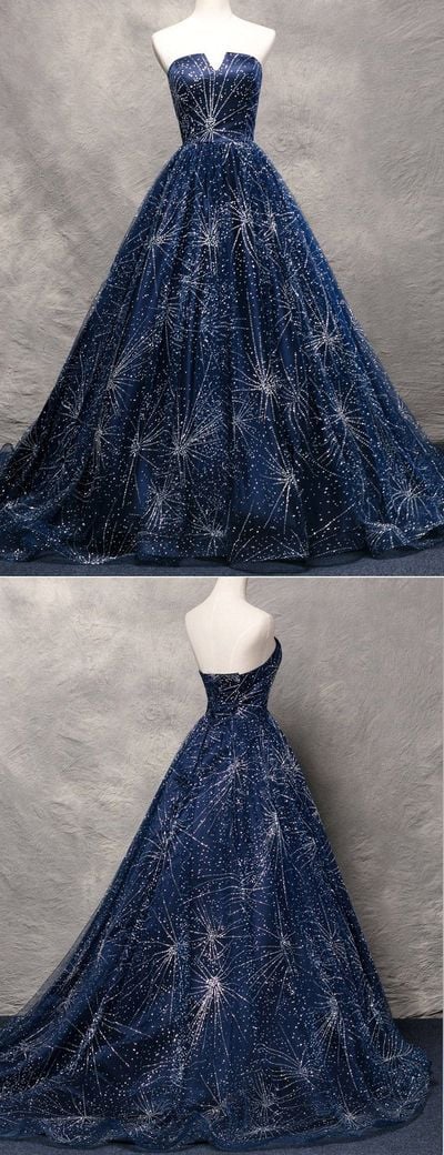 Glitters A-Line Strapless Sweep Train Navy Blue Organza Prom Dress，231