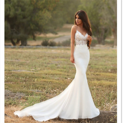 White mermaid long wedding dress,evening dress with lace,bridal gowns,satin wedding dresses,239 - Thumbnail 4