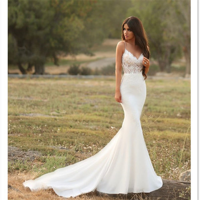 White mermaid long wedding dress,evening dress with lace,Bridal Gowns,Satin Wedding Dresses,239