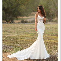 White mermaid long wedding dress,evening dress with lace,Bridal Gowns,Satin Wedding Dresses,239 - Thumbnail 1