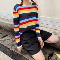 Rainbow Stripe Color Block Long Sleeve Knit Sweater - Thumbnail 4