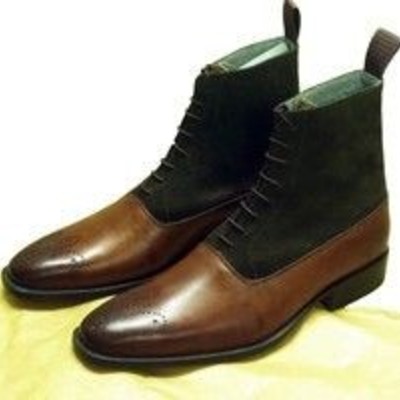 Ankle high brown green brogue boot, men's handmade leather suede lace up boots for men's - Thumbnail 3