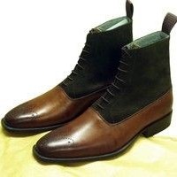 Ankle High Brown Green Brogue Boot, Men's Handmade Leather Suede Lace Up Boots For men's - Thumbnail 1