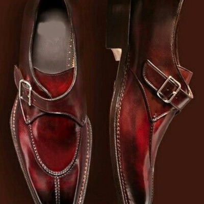 Men's handmade burgundy leather formal shoes, men's monk strap split toe shoes - Thumbnail 4