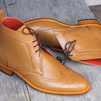 Ankle high tan color chukka boot, men's handmade leather wingtip brogue lace up boots - Thumbnail 4