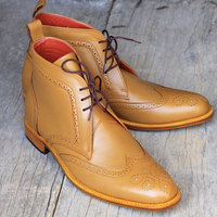 Ankle High Tan Color Chukka Boot, Men's Handmade Leather Wingtip Brogue Lace Up Boots - Thumbnail 1