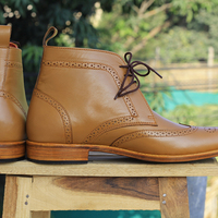 Ankle High Tan Color Chukka Boot, Men's Handmade Leather Wingtip Brogue Lace Up Boots - Thumbnail 2