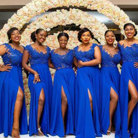 Royal Blue Split Side Long Bridesmaid Dresses with Appliques - Thumbnail 1