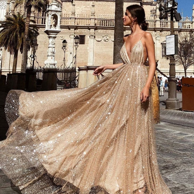Sexy glam gold long party dress