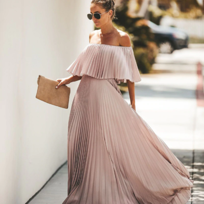 Off shoulder elegant pleated long dress