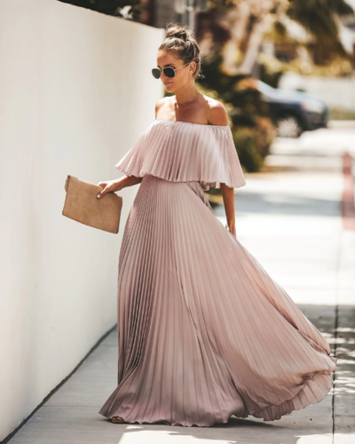 Off Shoulder Elegant Pleated Long Dress