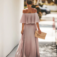 Off Shoulder Elegant Pleated Long Dress - Thumbnail 1