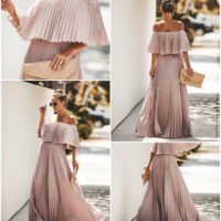 Off Shoulder Elegant Pleated Long Dress - Thumbnail 2