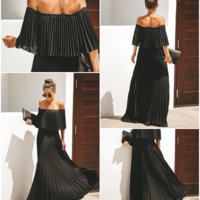 Off Shoulder Elegant Pleated Long Dress - Thumbnail 3