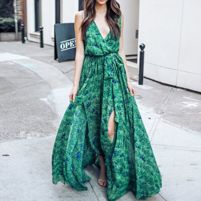 Green Elegant Printed Long Dress