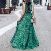 Green Elegant Printed Long Dress - Thumbnail 3