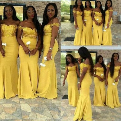 Off the shoulder mermaid yellow bridesmaid dresses with lace - Thumbnail 4