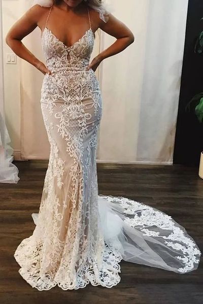 Unique Mermaid V Neck Spaghetti Straps Open Back Lace Wedding Dresses with Train.2019 Bridal Dresses