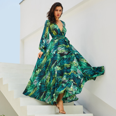 Green V Neck Leaf Print Long Dress