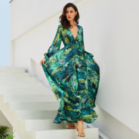 Green V Neck Leaf Print Long Dress - Thumbnail 1