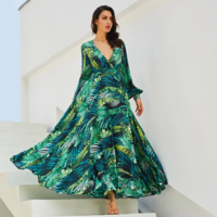 Green V Neck Leaf Print Long Dress - Thumbnail 2