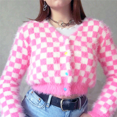 PINK CHECKER SHORT FURRY JACKET
