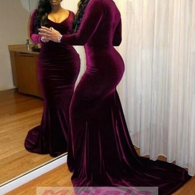 2018 african plus size prom dresses long sleeve burgundy velvet mermaid evening dress long sexy v neck party gowns,243