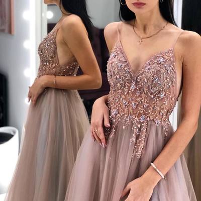 Sexy straps brown tulle long prom dress with slit,245 - Thumbnail 4