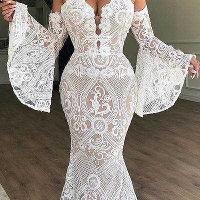 Sexy mermaid white lace long wedding dress with bell sleeve,246 - Thumbnail 5