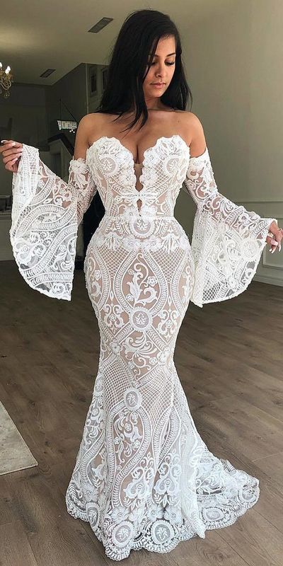 Sexy Mermaid White Lace Long Wedding Dress with Bell Sleeve,246