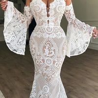 Sexy Mermaid White Lace Long Wedding Dress with Bell Sleeve,246 - Thumbnail 1