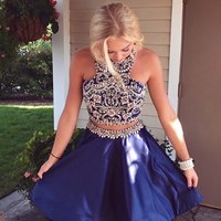 Two Piece Beaded Navy Homecoming Dress with Pockets,250 - Thumbnail 1