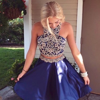 Two piece beaded navy homecoming dress with pockets,250 - Thumbnail 4