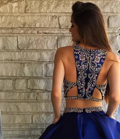 Two Piece Beaded Navy Homecoming Dress with Pockets,250