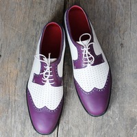 Men's Handmade Purple White Leather formal shoes, Men's Wing Tip Lace Up Shoes - Thumbnail 2