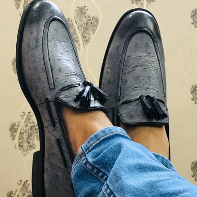 Men's handmade gray black ostrich leather shoes, slip on tussles loafers moccasin shoes - Thumbnail 3